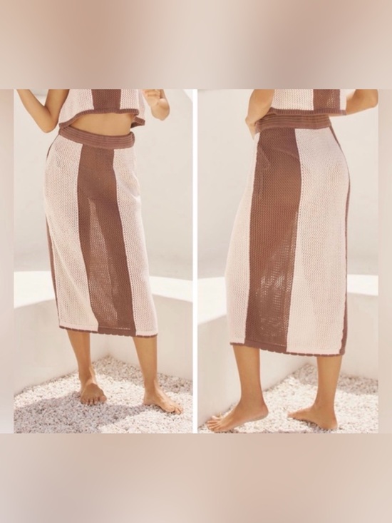 Mahila Dresses & Skirts - Anthropologies Mahila Two-Tone Crochet Knit Midi Skirt in Brown+Cream coverup M